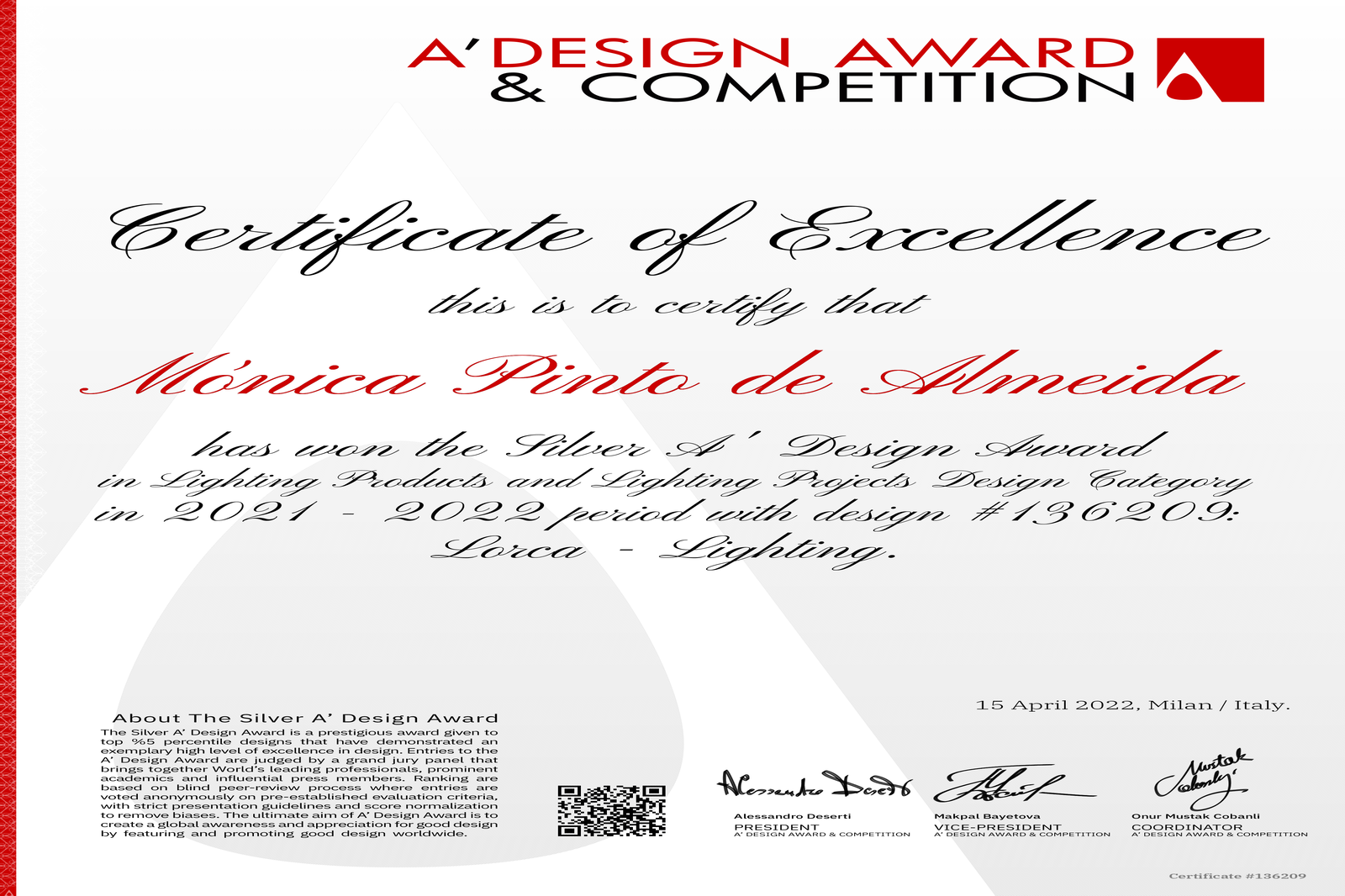 Mónica Pinto recebe o prestigiado Prémio Silver no A'Design Awards & Competition